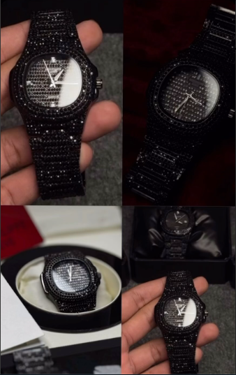 Men’s Iced Out Black Stone Watch – Stainless Steel Chain | Luxury Fashion Watch (Without Box)